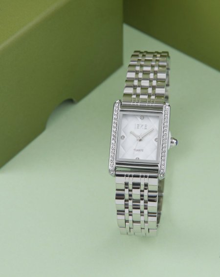 ساعة IEkE فضي ابيض مستطيل زركون مع علبة وكيس الماركة